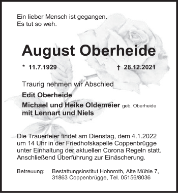 Traueranzeige von August Oberheide von Deister- und Weserzeitung