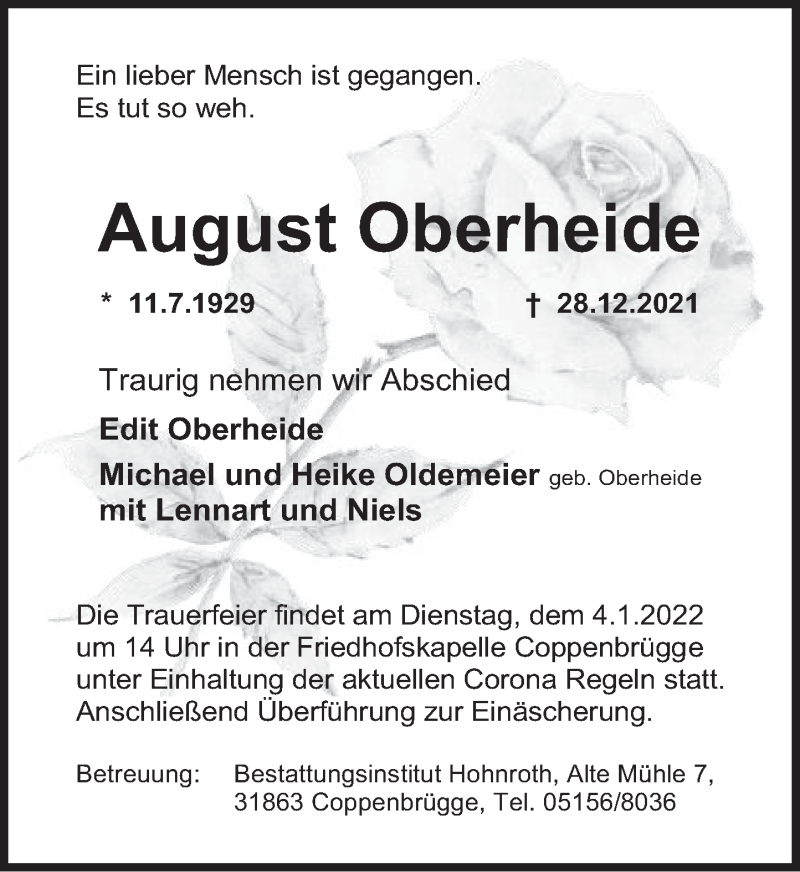  Traueranzeige für August Oberheide vom 31.12.2021 aus Deister- und Weserzeitung