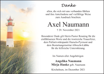 Traueranzeige von Axel Naumann von Deister- und Weserzeitung