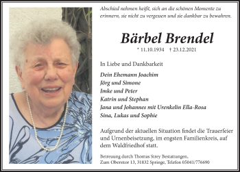 Traueranzeige von Bärbel Brendel von Neue Deister-Zeitung