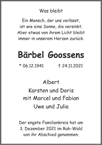 Traueranzeige von Bärbel Goossens von Deister- und Weserzeitung