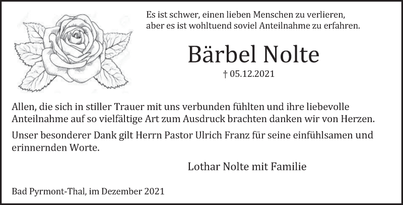  Traueranzeige für Bärbel Nolte vom 24.12.2021 aus Deister- und Weserzeitung