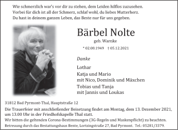 Traueranzeige von Bärbel Nolte von Deister- und Weserzeitung