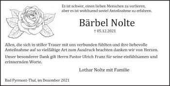 Traueranzeige von Bärbel Nolte von Deister- und Weserzeitung