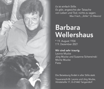 Traueranzeige von Barbara Wellershaus von Deister- und Weserzeitung