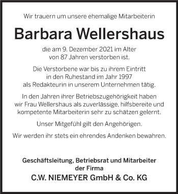 Traueranzeige von Barbara Wellershaus von Deister- und Weserzeitung