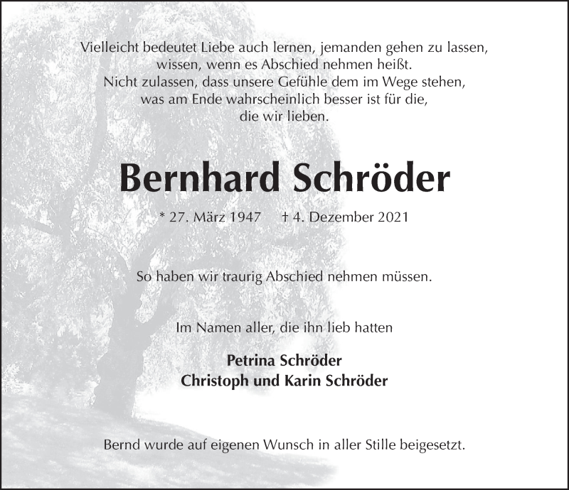  Traueranzeige für Bernhard Schröder vom 22.12.2021 aus Neue Deister-Zeitung