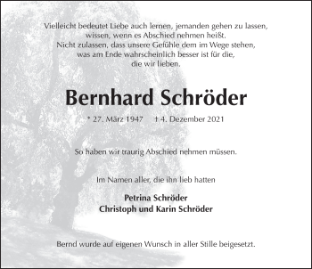 Traueranzeige von Bernhard Schröder von Neue Deister-Zeitung