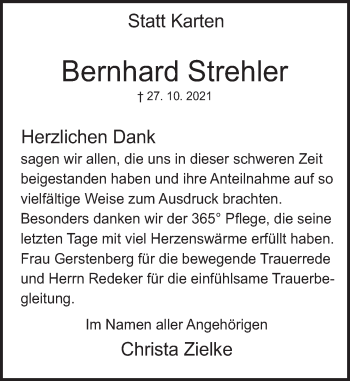 Traueranzeige von Bernhard Strehler von Deister- und Weserzeitung