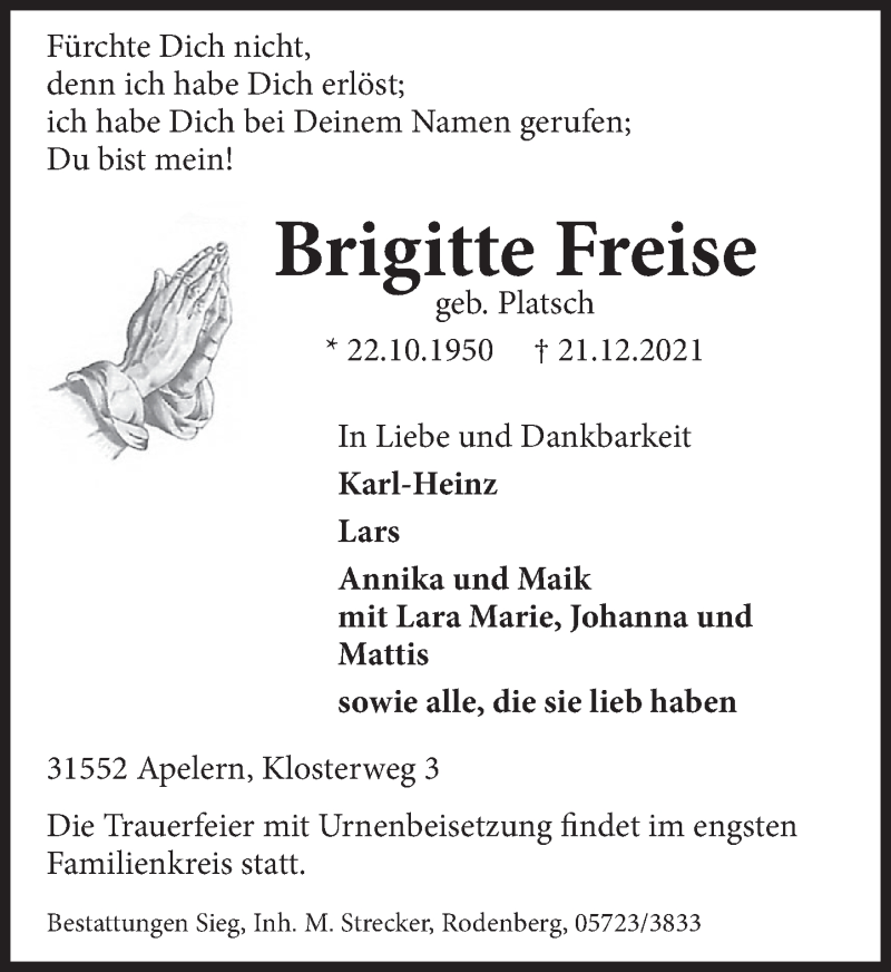  Traueranzeige für Brigitte Freise vom 27.12.2021 aus Deister- und Weserzeitung