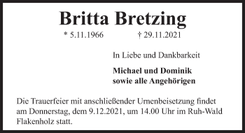 Traueranzeige von Britta Bretzing von Deister- und Weserzeitung