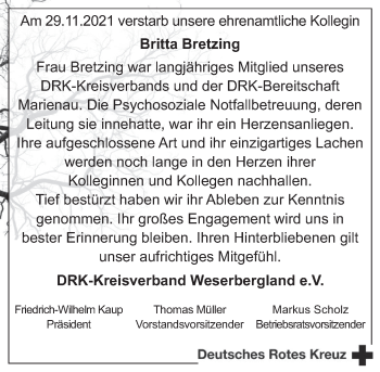 Traueranzeige von Britta Bretzing von Deister- und Weserzeitung