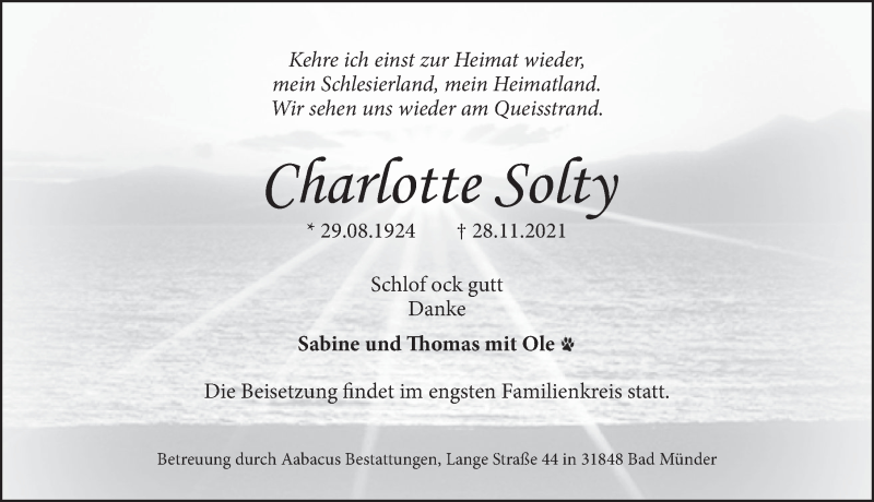  Traueranzeige für Charlotte Solty vom 04.12.2021 aus Neue Deister-Zeitung