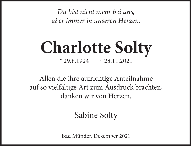  Traueranzeige für Charlotte Solty vom 24.12.2021 aus Neue Deister-Zeitung