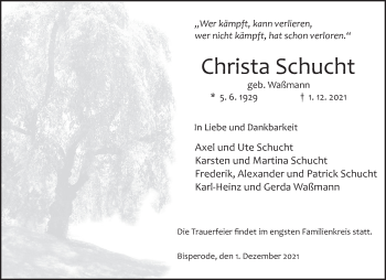 Traueranzeige von Christa Schucht von Deister- und Weserzeitung