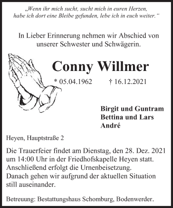 Traueranzeige von Conny Willmer von Deister- und Weserzeitung