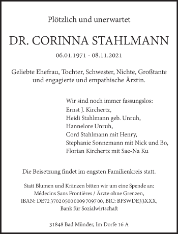 Traueranzeige von Corinna Stahlmann von Neue Deister-Zeitung