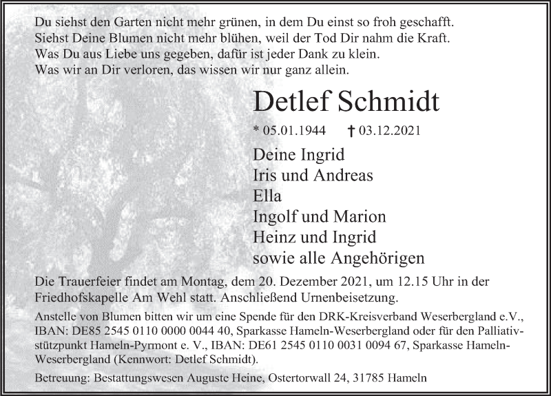  Traueranzeige für Detlef Schmidt vom 18.12.2021 aus Deister- und Weserzeitung