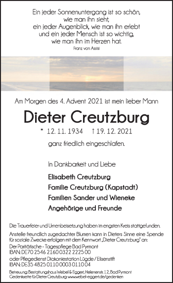 Traueranzeige von Dieter Creutzburg von Deister- und Weserzeitung