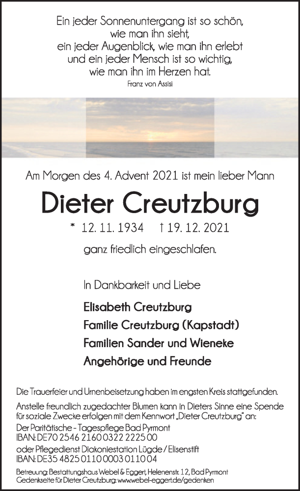  Traueranzeige für Dieter Creutzburg vom 08.01.2022 aus Deister- und Weserzeitung