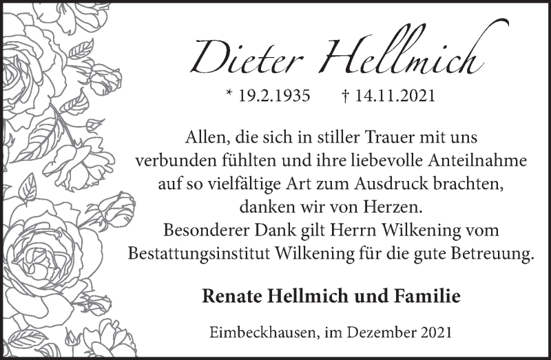  Traueranzeige für Dieter Hellmich vom 14.12.2021 aus Neue Deister-Zeitung
