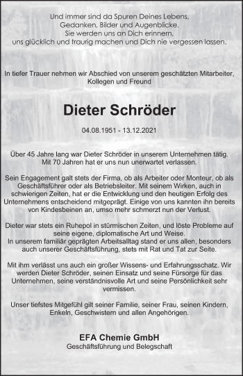 Traueranzeige von Dieter Schröder von Deister- und Weserzeitung