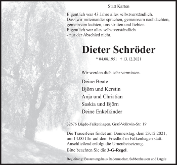 Traueranzeige von Dieter Schröder von Deister- und Weserzeitung