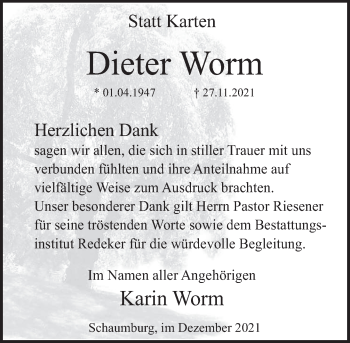 Traueranzeige von Dieter Worm von Deister- und Weserzeitung