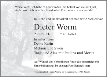 Traueranzeige von Dieter Worm von Deister- und Weserzeitung