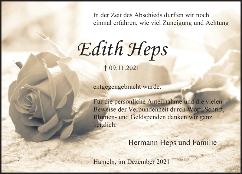  Traueranzeige für Edith Heps vom 18.12.2021 aus Deister- und Weserzeitung