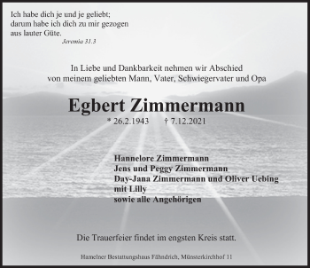 Traueranzeige von Egbert Zimmermann von Deister- und Weserzeitung