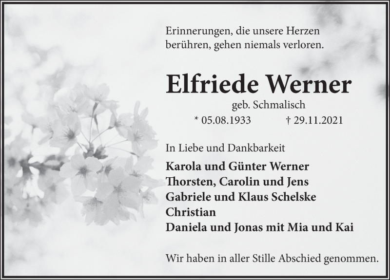  Traueranzeige für Elfriede Werner vom 11.12.2021 aus Deister- und Weserzeitung