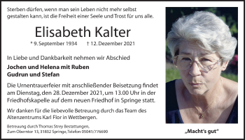 Traueranzeige von Elisabeth Kalter von Neue Deister-Zeitung