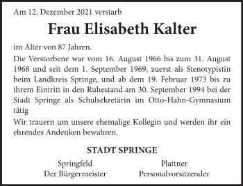 Traueranzeige von Elisabeth Kalter von Neue Deister-Zeitung