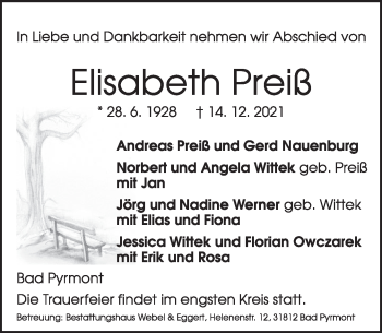 Traueranzeige von Elisabeth Preiß von Deister- und Weserzeitung