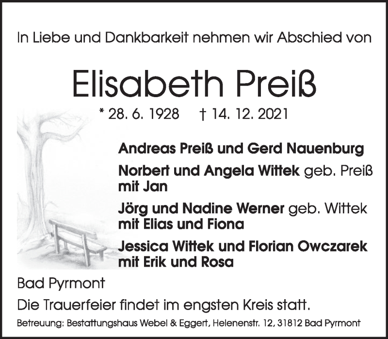  Traueranzeige für Elisabeth Preiß vom 18.12.2021 aus Deister- und Weserzeitung