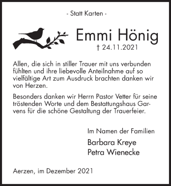 Traueranzeige von Emmi Hönig von Deister- und Weserzeitung