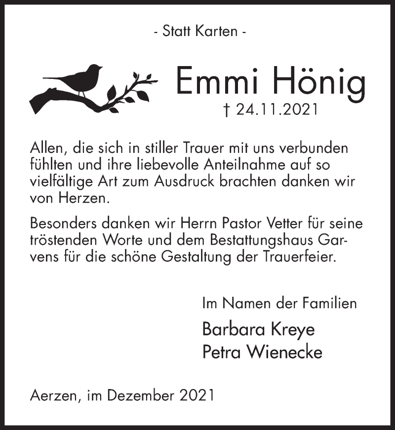  Traueranzeige für Emmi Hönig vom 18.12.2021 aus Deister- und Weserzeitung