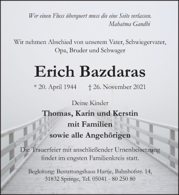 Traueranzeige von Erich Bandaras von Neue Deister-Zeitung