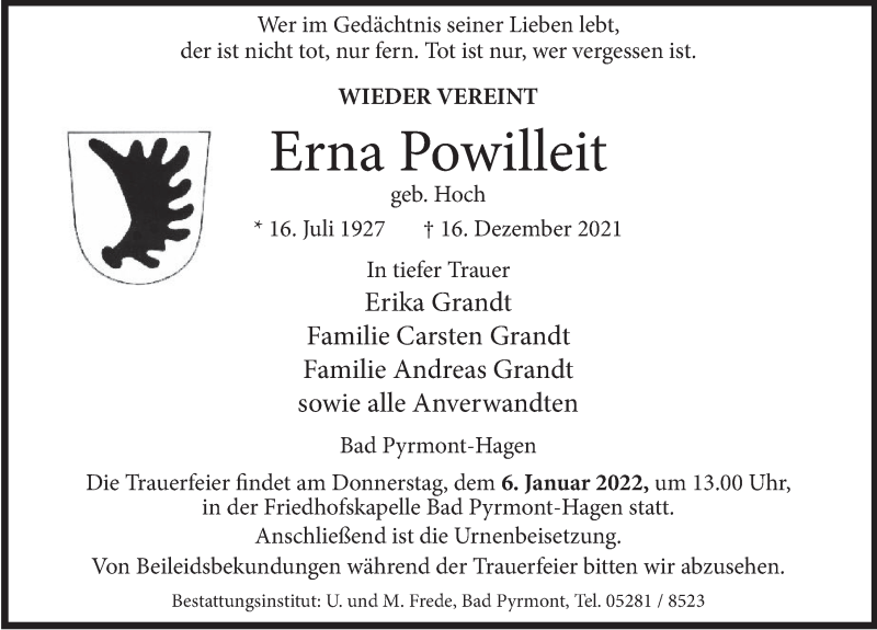  Traueranzeige für Erna Powilleit vom 22.12.2021 aus Deister- und Weserzeitung