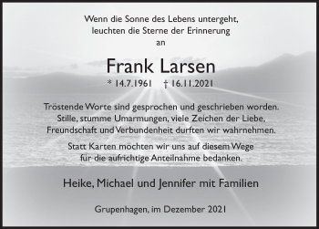 Traueranzeige von Frank Larsen von Deister- und Weserzeitung