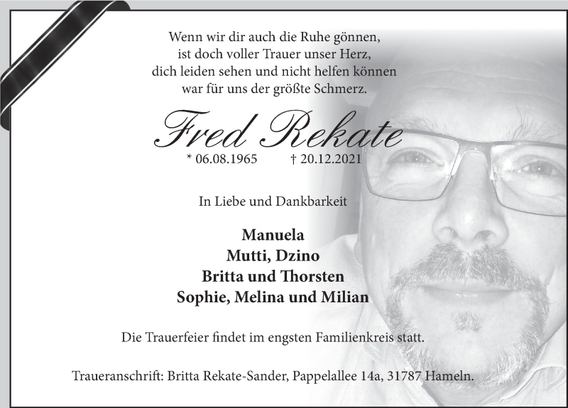  Traueranzeige für Fred Rekate vom 24.12.2021 aus Deister- und Weserzeitung