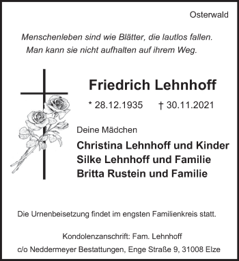 Traueranzeige von Friedrich Lehnhoff von Deister- und Weserzeitung