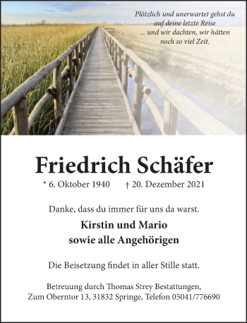 Traueranzeige von Friedrich Schäfer von Neue Deister-Zeitung