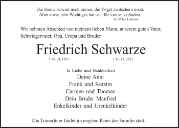 Traueranzeige von Friedrich Schwarze von Deister- und Weserzeitung