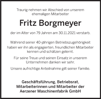 Traueranzeige von Fritz Borgmeyer von Deister- und Weserzeitung