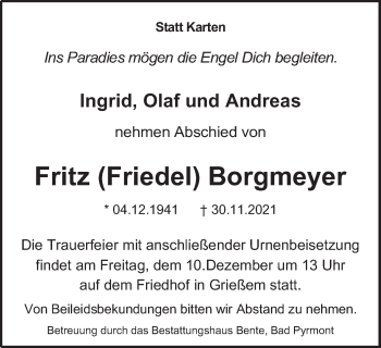 Traueranzeige von Fritz Borgmeyer von Deister- und Weserzeitung