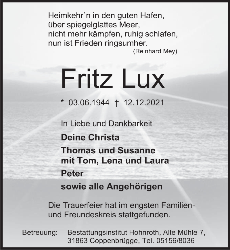  Traueranzeige für Fritz Lux vom 18.12.2021 aus Deister- und Weserzeitung