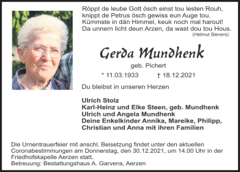 Traueranzeige von Gerda Mundhenk von Deister- und Weserzeitung
