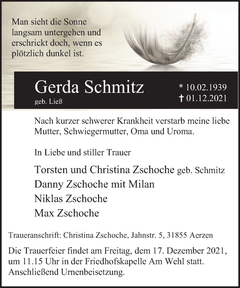  Traueranzeige für Gerda Schmitz vom 11.12.2021 aus Deister- und Weserzeitung